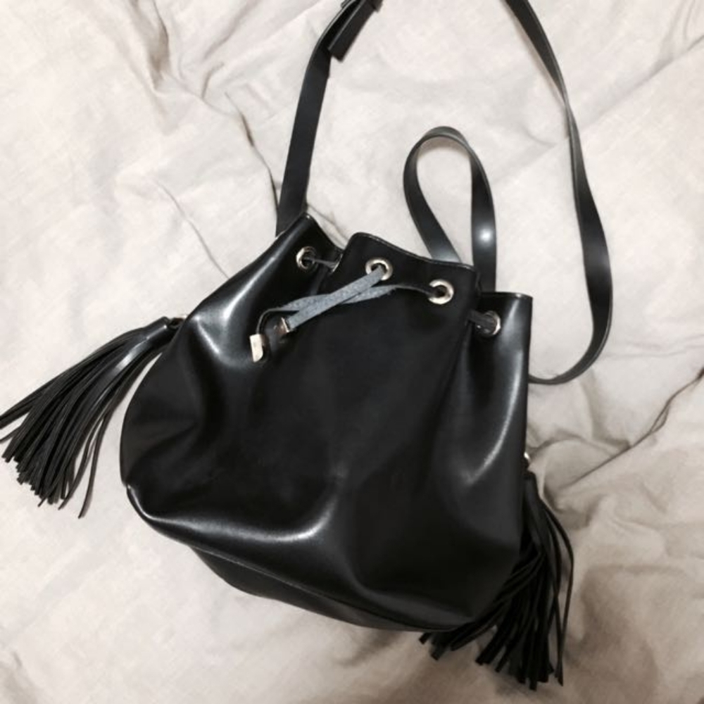 ZARA Trafaluc Faux Leather Black Mini Drawstring Bag
